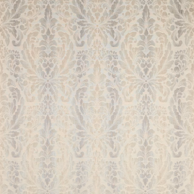 Pale silver-grey damask fabric with a soft woven sheen and scrolling floral motif.