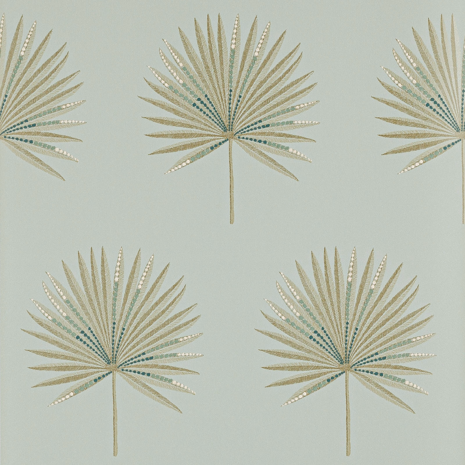 Muted aqua wallpaper with olive fan-palm motifs and dotted cream detailing
