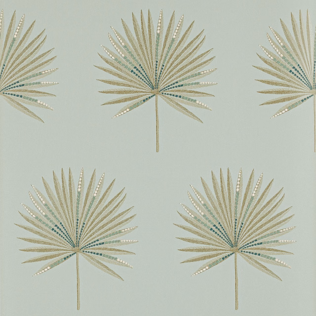 Muted aqua wallpaper with olive fan-palm motifs and dotted cream detailing