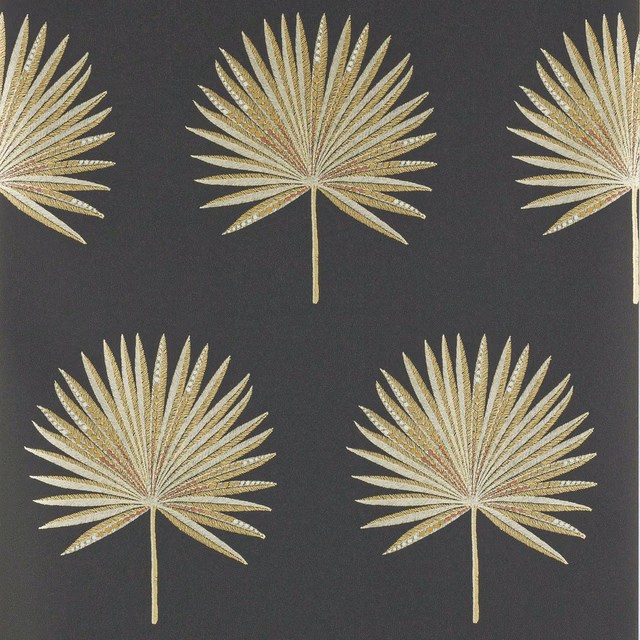 Charcoal-black wallpaper with repeating fan palms in pale antique gold