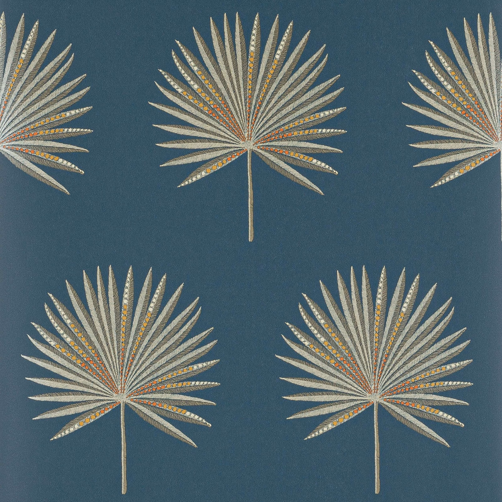 Deep navy wallpaper with large silver fan-palm motifs and subtle warm metallic accents