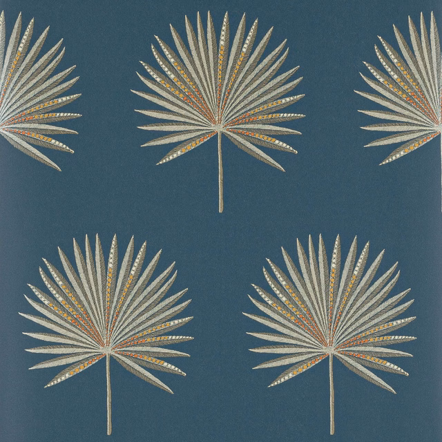 Deep navy wallpaper with large silver fan-palm motifs and subtle warm metallic accents