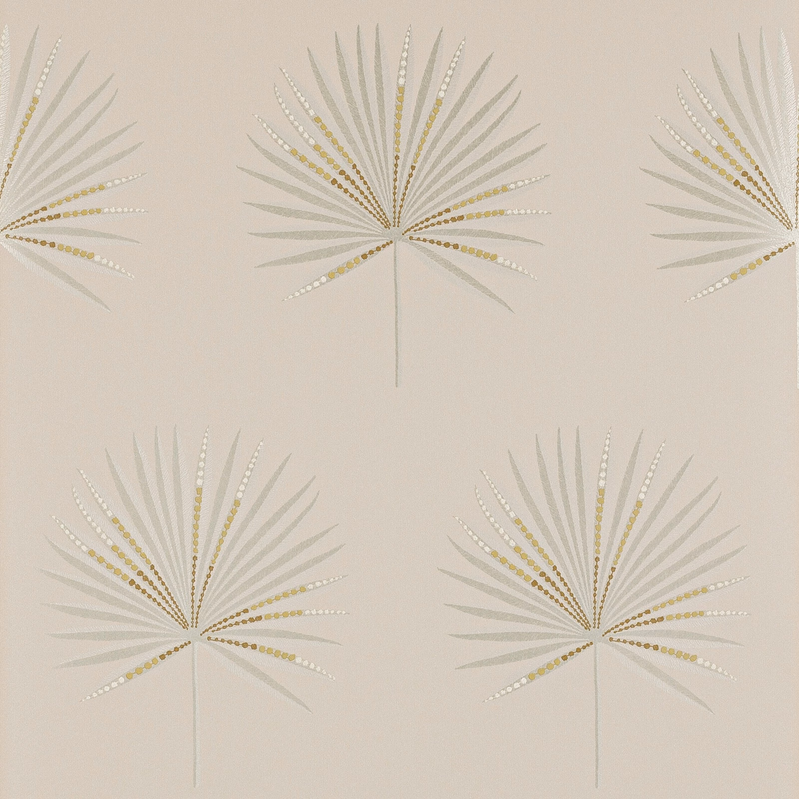 Pale blush wallpaper with sage fan palms and dotted gold leaf accents