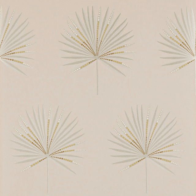 Pale blush wallpaper with sage fan palms and dotted gold leaf accents