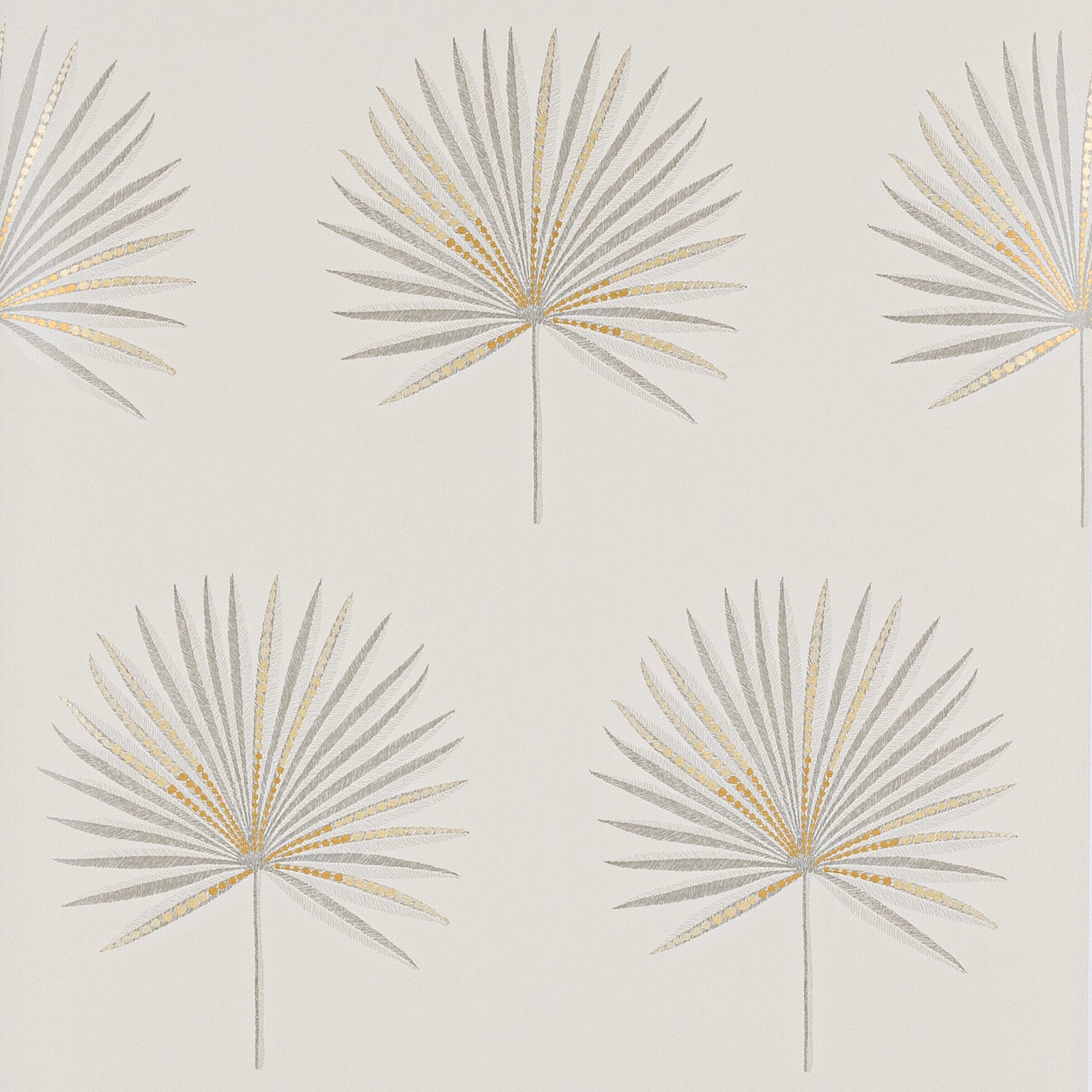 Pale silver palm fan wallpaper with ivory ground and fine champagne-gold accents