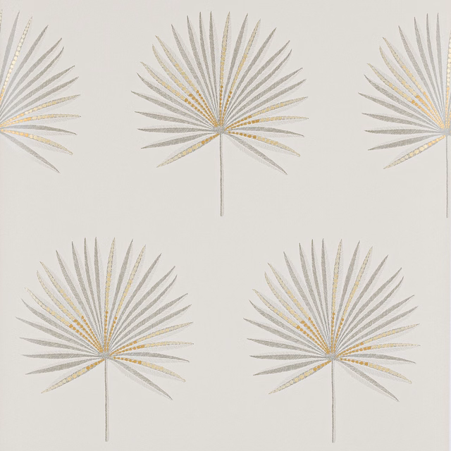 Pale silver palm fan wallpaper with ivory ground and fine champagne-gold accents