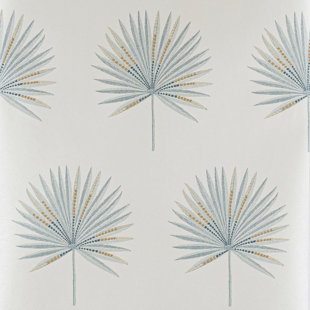 Slate blue-grey fan palms with ochre accents on a pale wallpaper ground