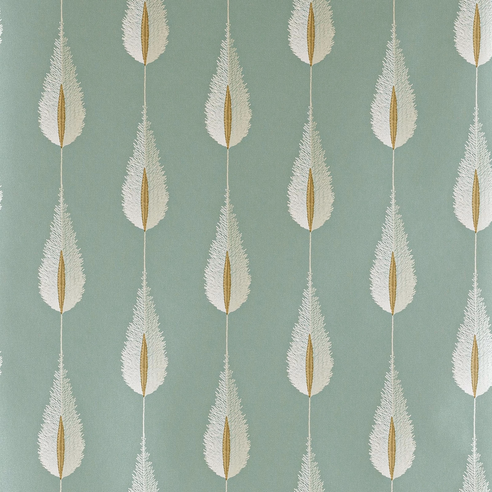 Muted aqua wallpaper with repeating ivory feathery leaves and ochre centres