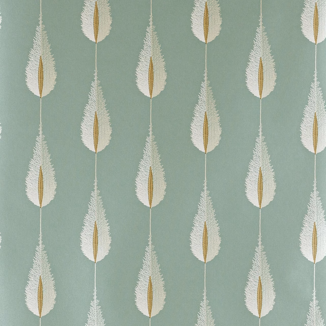 Muted aqua wallpaper with repeating ivory feathery leaves and ochre centres
