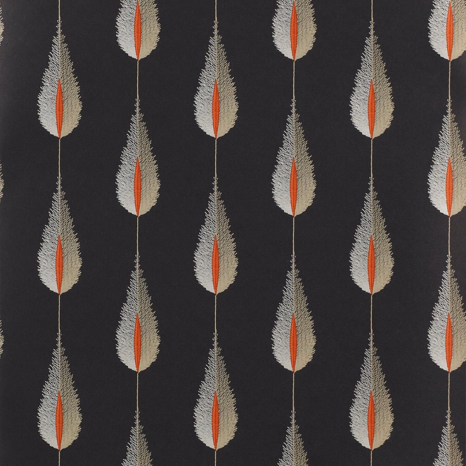 Black wallpaper with silver-grey feather leaves and red-orange centres in vertical rows.