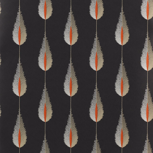 Black wallpaper with silver-grey feather leaves and red-orange centres in vertical rows.