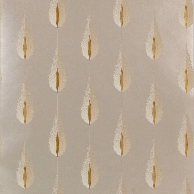 Soft taupe wallpaper with ivory feather motifs and slender gold leaf centres