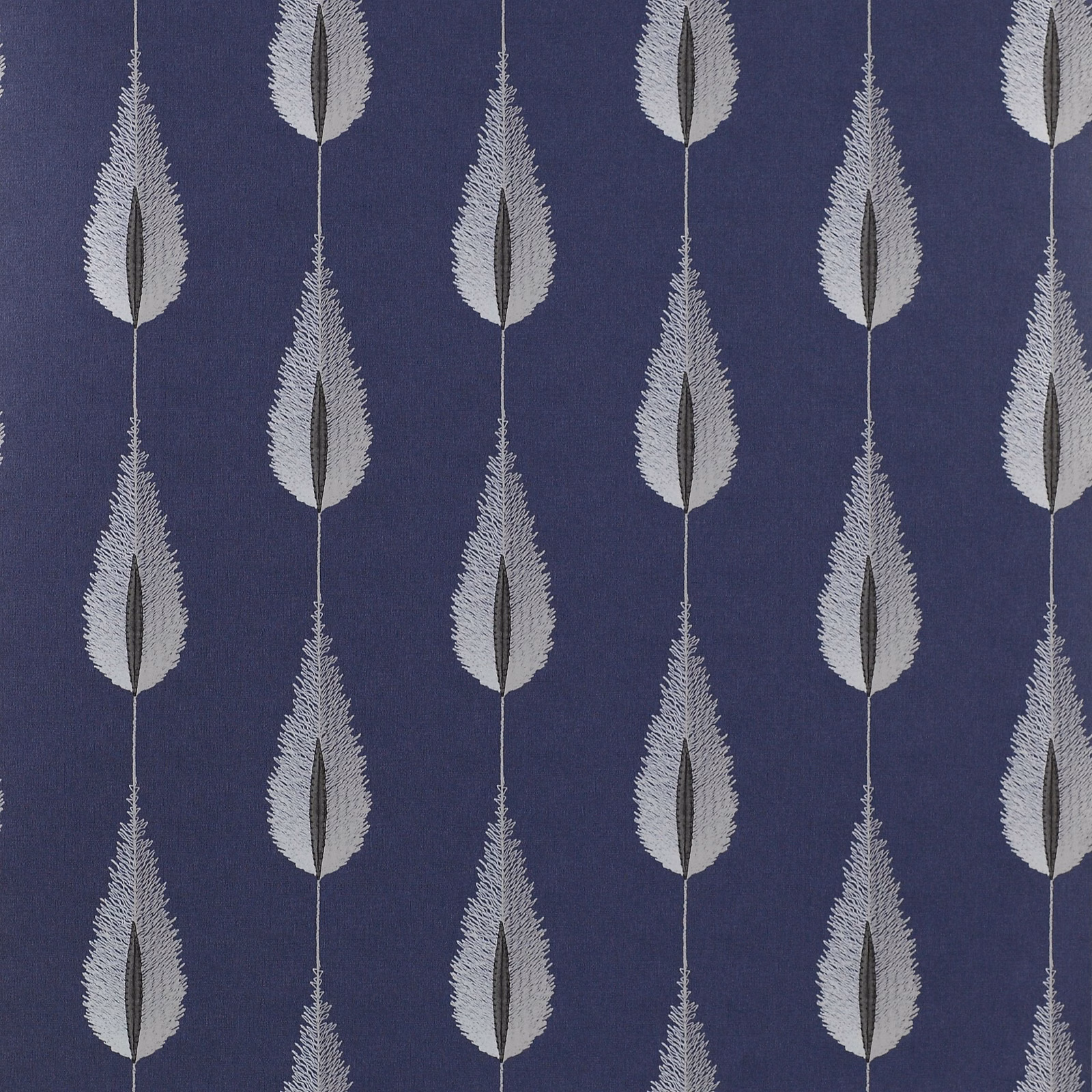 Pale feather motifs in vertical rows on a deep midnight-blue wallpaper ground