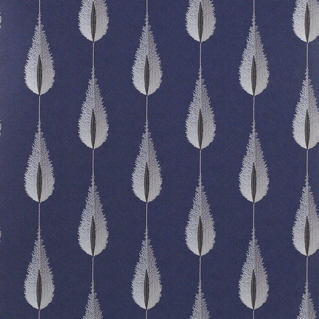 Pale feather motifs in vertical rows on a deep midnight-blue wallpaper ground