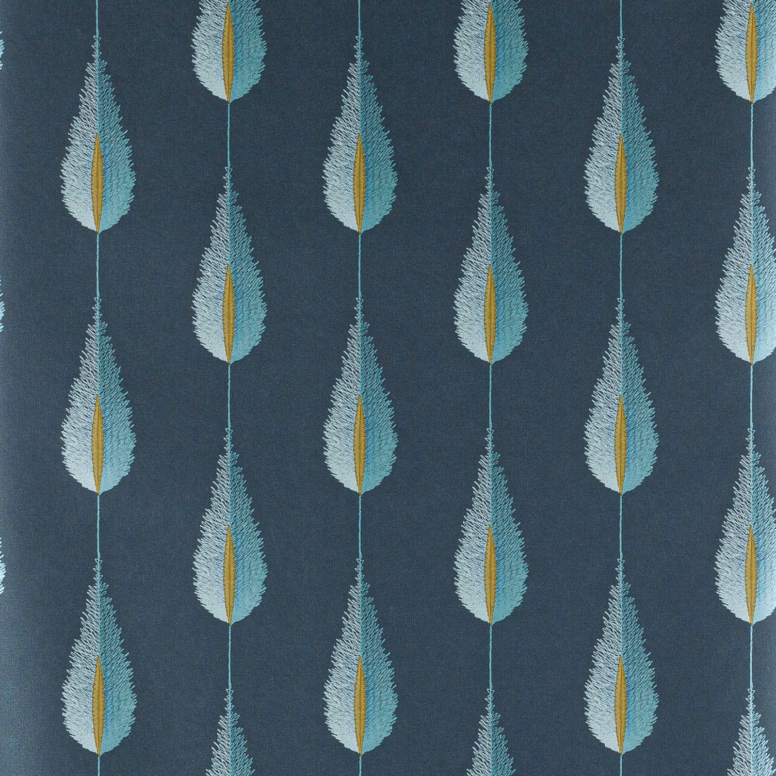 Feathery pale aqua leaves with ochre centres on a deep peacock-blue ground