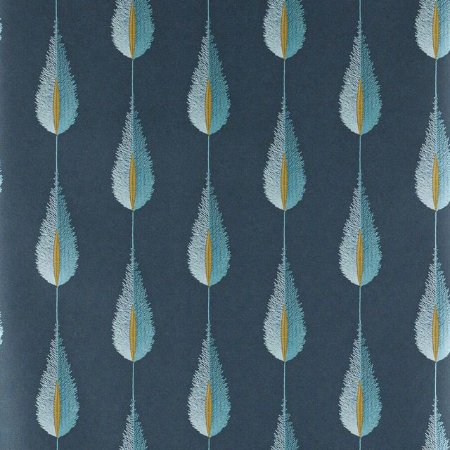 Feathery pale aqua leaves with ochre centres on a deep peacock-blue ground