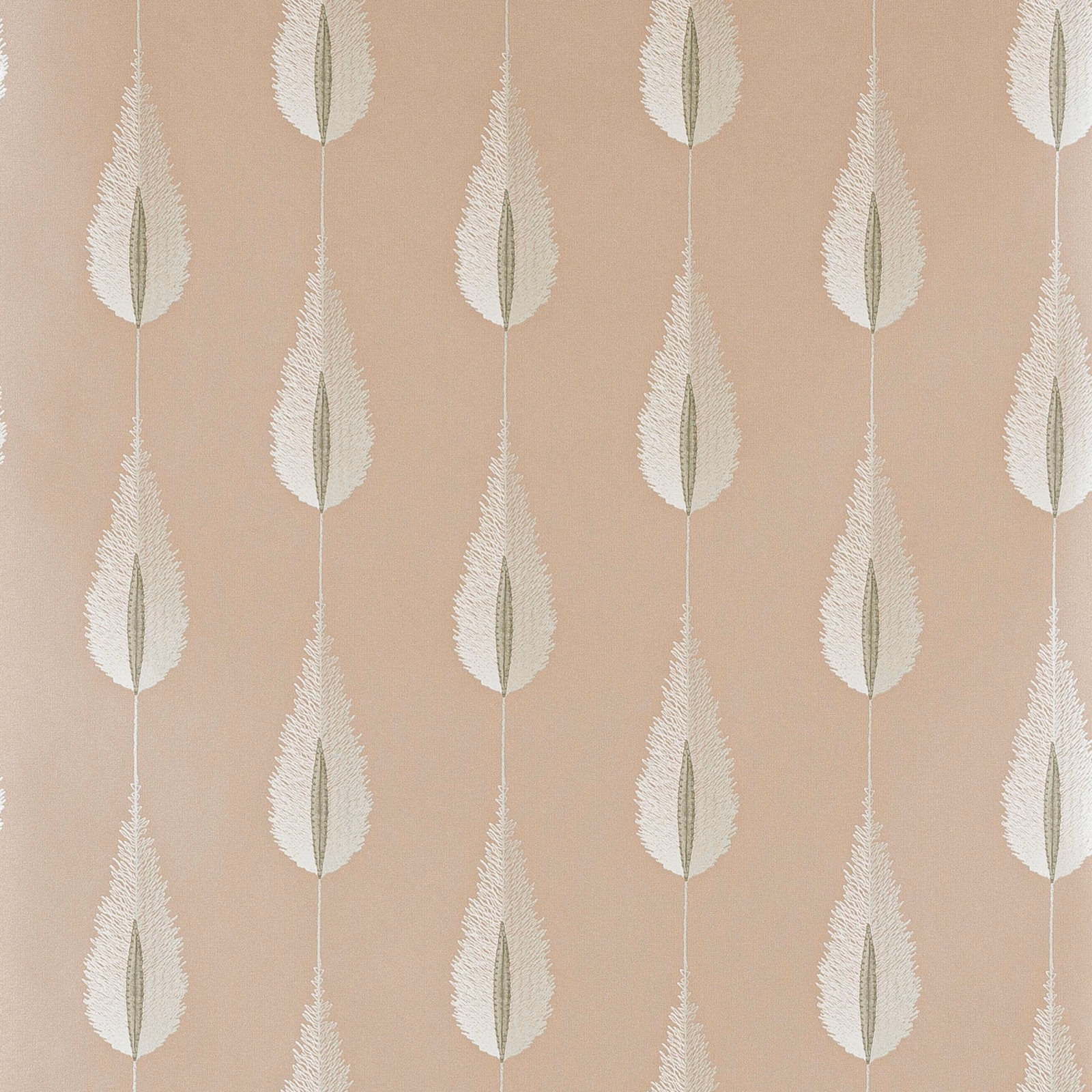 Dusty pink wallpaper with repeating ivory leaf feathers and pale olive centres