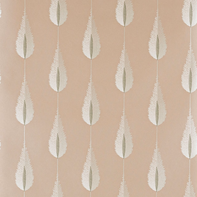 Dusty pink wallpaper with repeating ivory leaf feathers and pale olive centres