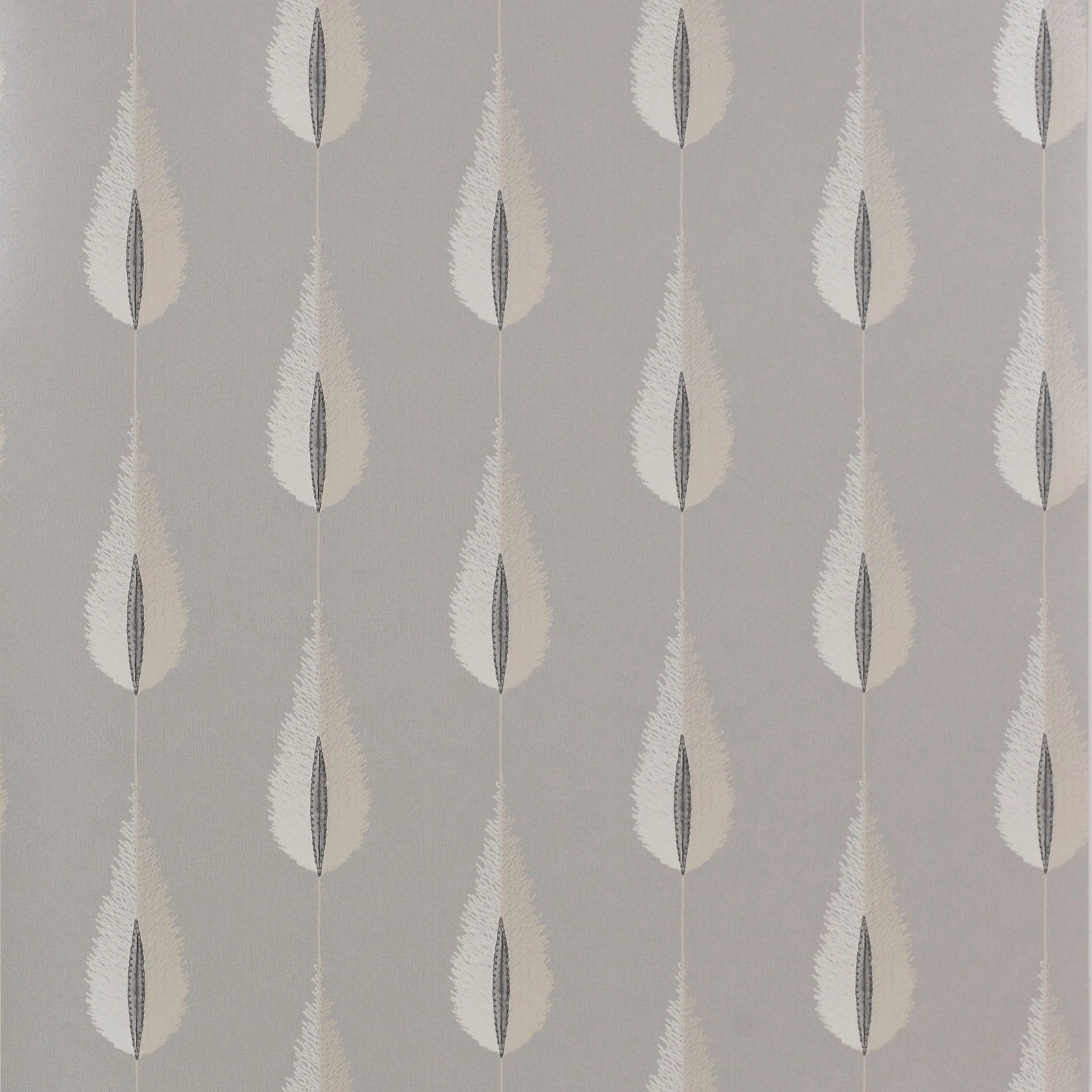 Cool silver-grey wallpaper with ivory feathered leaves and charcoal almond centres