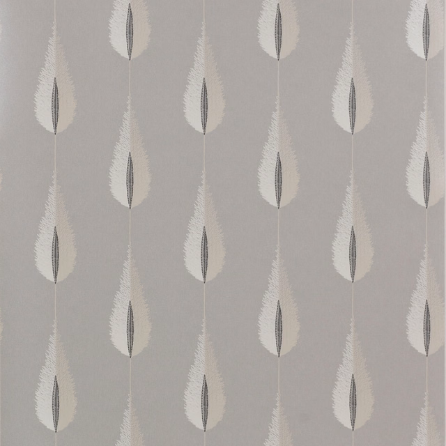 Cool silver-grey wallpaper with ivory feathered leaves and charcoal almond centres