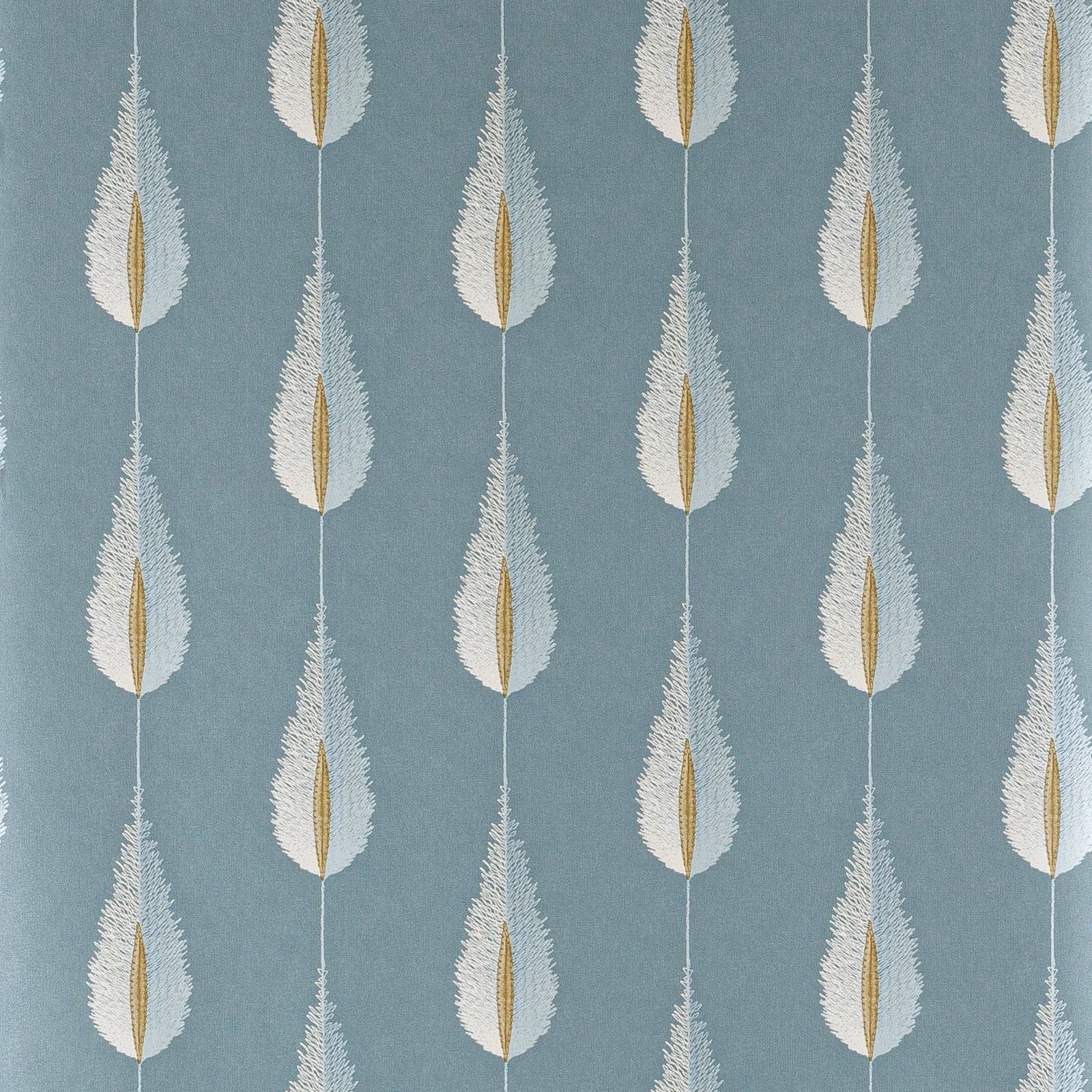 Slate blue-grey wallpaper with repeated ivory feather leaves and slender gold centres