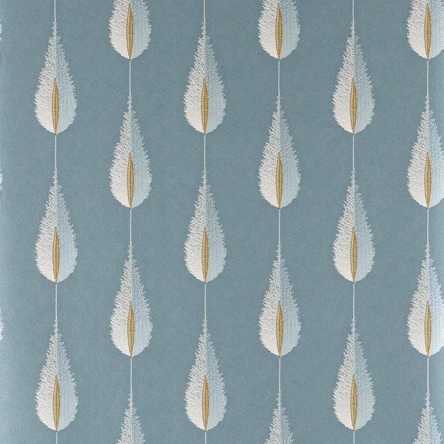 Slate blue-grey wallpaper with repeated ivory feather leaves and slender gold centres