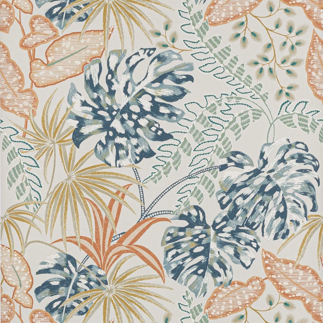 Indigo and copper botanical leaves with sage fronds on a cream ground