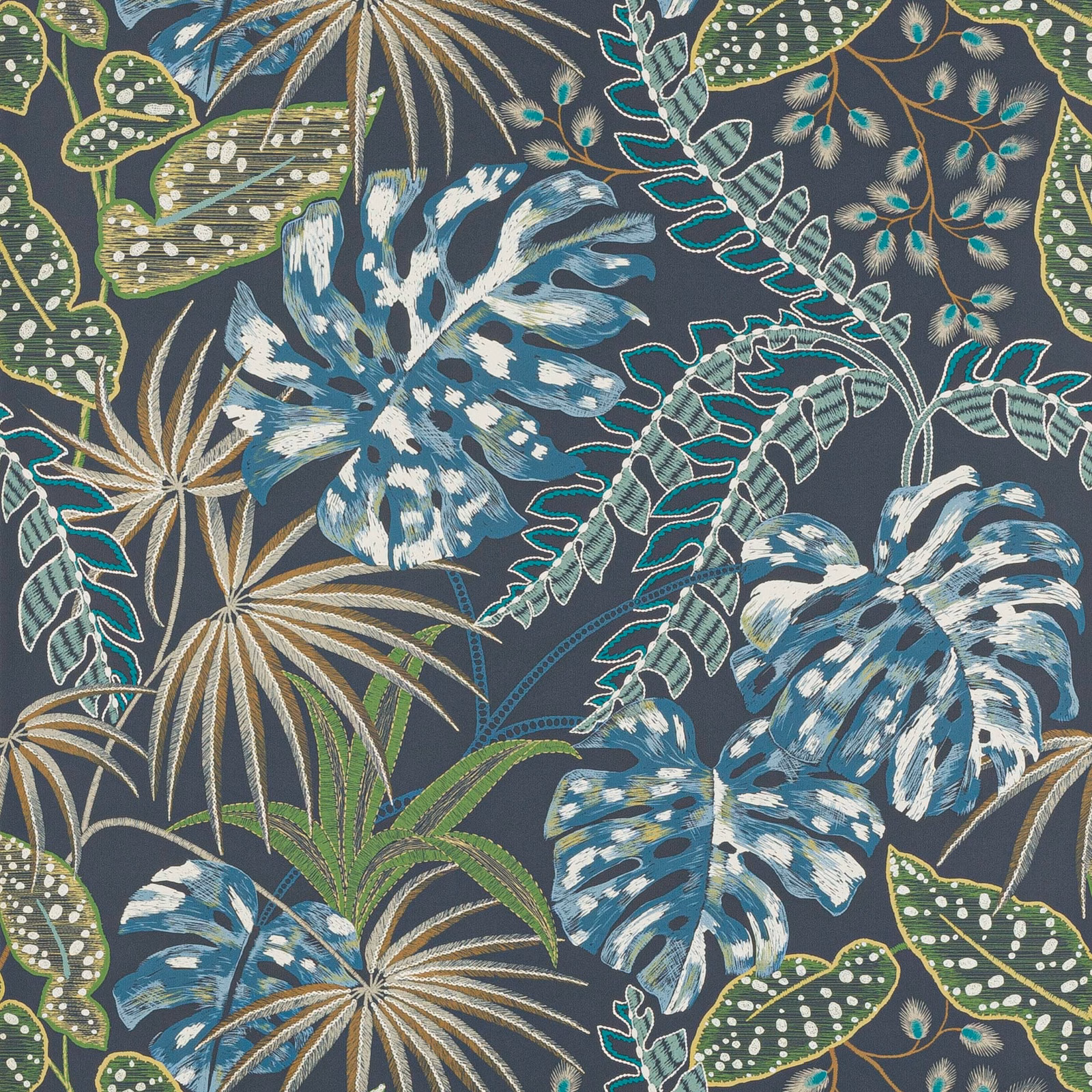 Midnight teal wallpaper with blue monstera, dotted green leaves and tan palm fronds