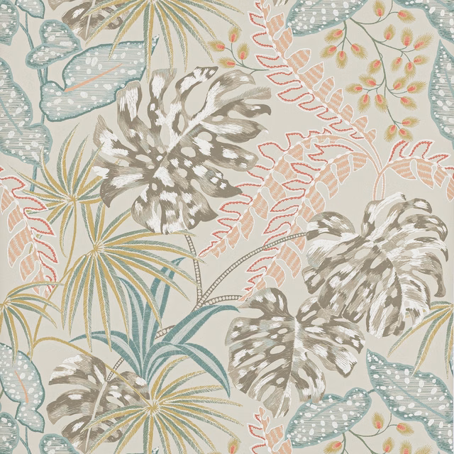 Taupe and pink botanical wallpaper with fan palms and grey-green split leaves