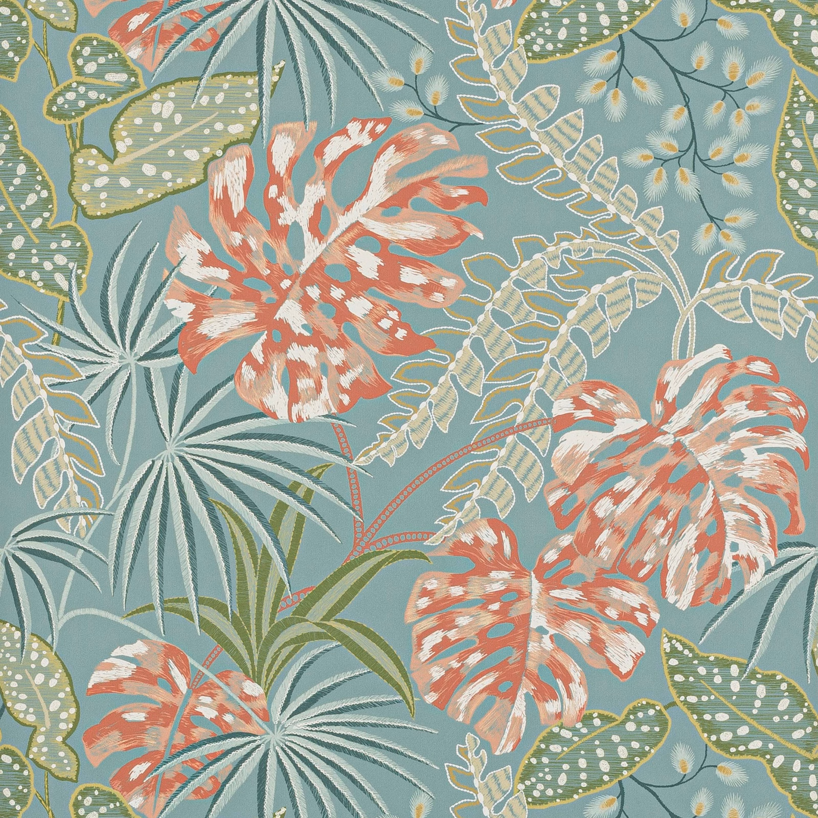 Muted teal wallpaper with coral tropical flowers and layered leafy botanical forms