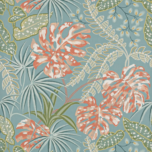 Muted teal wallpaper with coral tropical flowers and layered leafy botanical forms