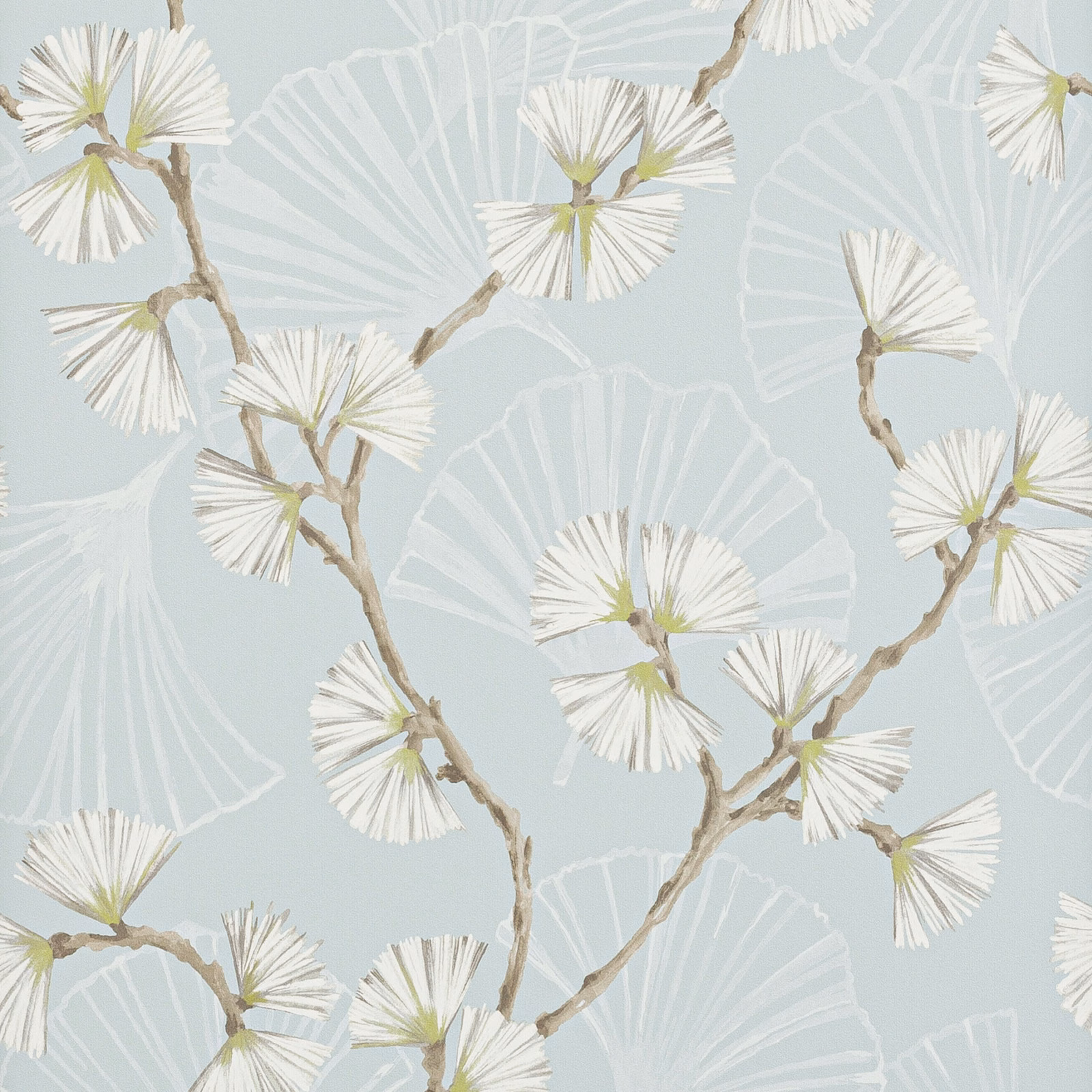Pale aqua wallpaper with white fan flowers, lime centres and taupe branches
