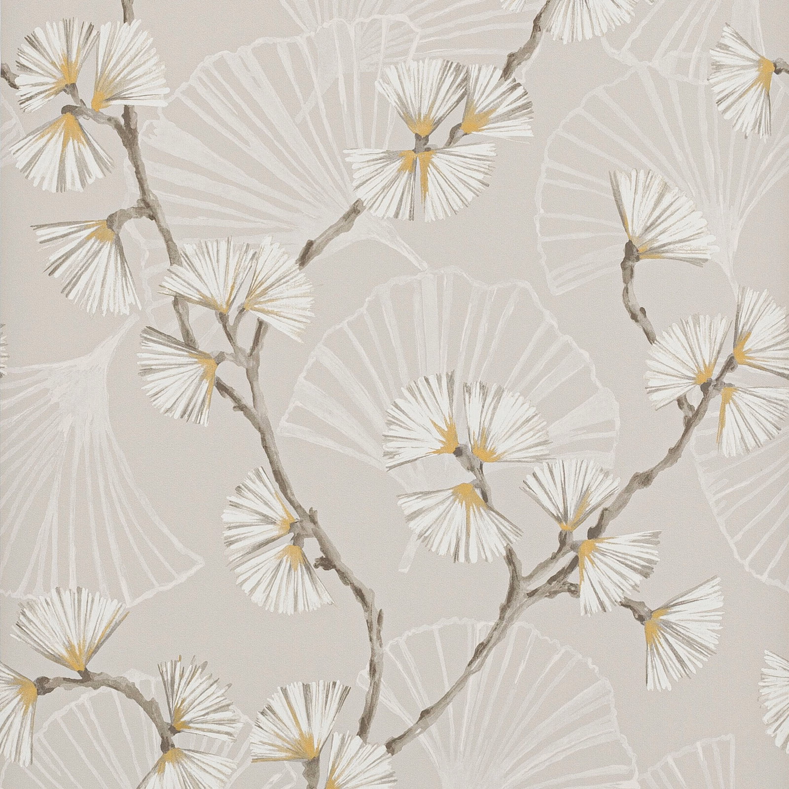 Warm greige wallpaper with white fan flowers, taupe branches and mustard centres