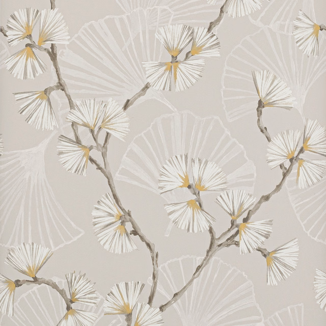 Warm greige wallpaper with white fan flowers, taupe branches and mustard centres