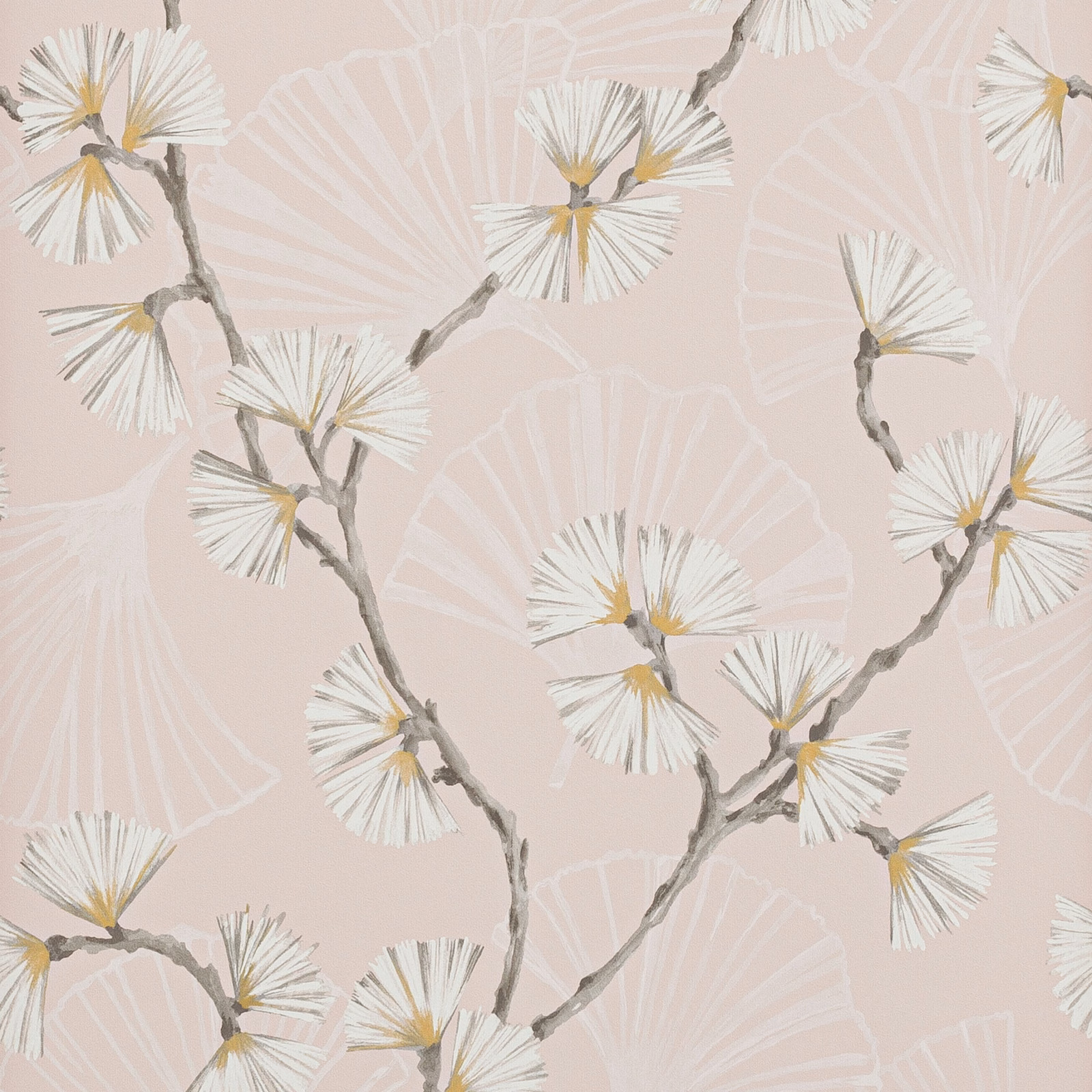 Blush pink wallpaper with white fan flowers, grey branches and gold centres