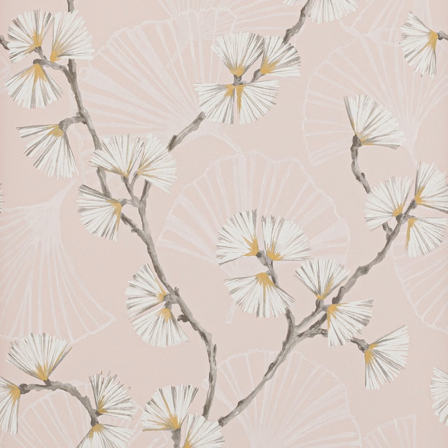 Blush pink wallpaper with white fan flowers, grey branches and gold centres