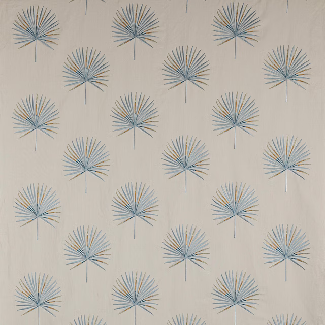Repeated powder-blue palm motifs with tan accents on a pale ground