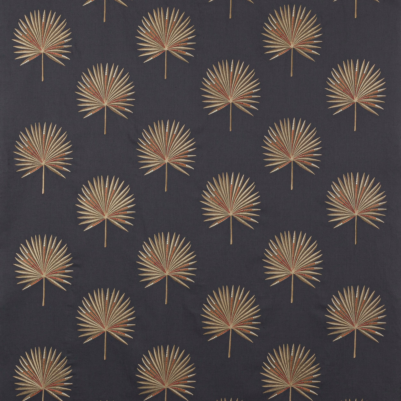 Charcoal fabric swatch with repeated gold and olive palm fan motif