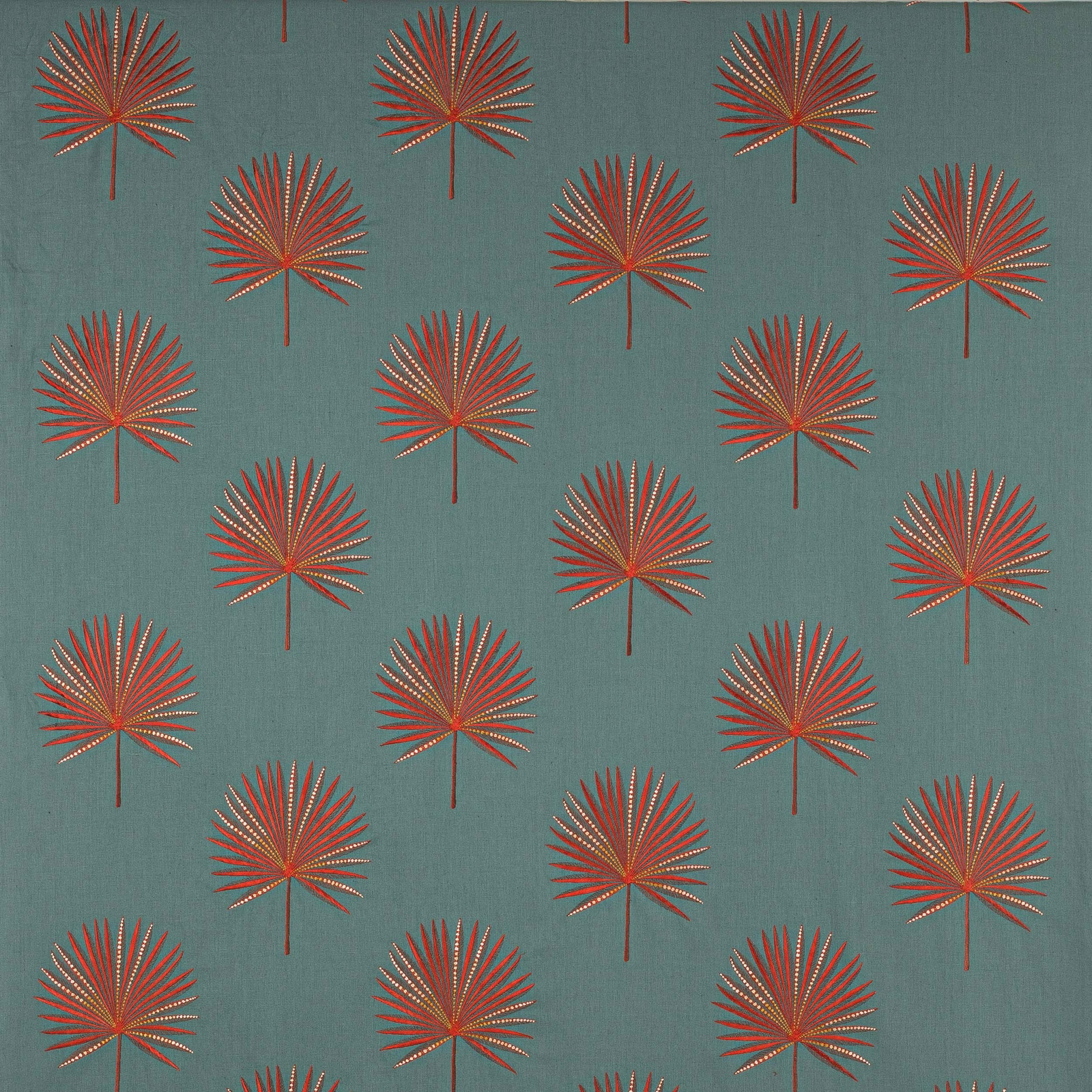 Teal woven fabric with scattered copper-red palm motifs and fine light accents