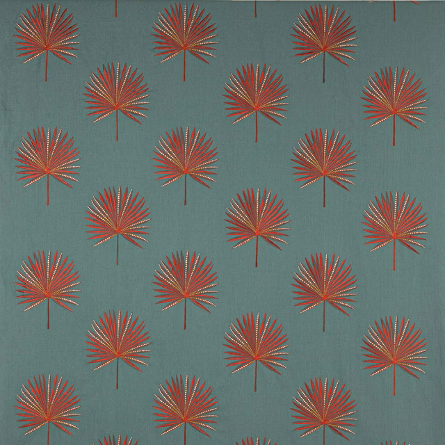 Teal woven fabric with scattered copper-red palm motifs and fine light accents