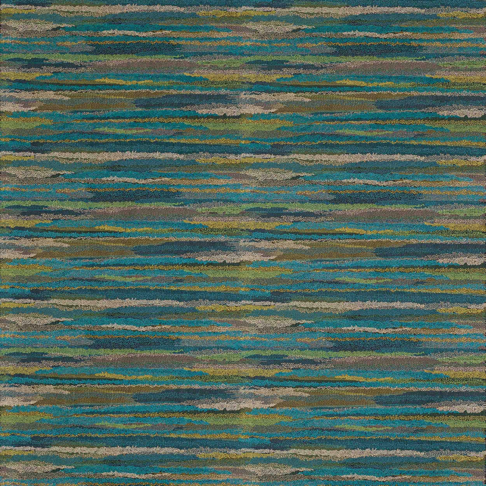 Abstract woven fabric with horizontal emerald, teal and olive brushstroke stripes