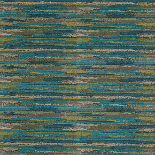 Abstract woven fabric with horizontal emerald, teal and olive brushstroke stripes