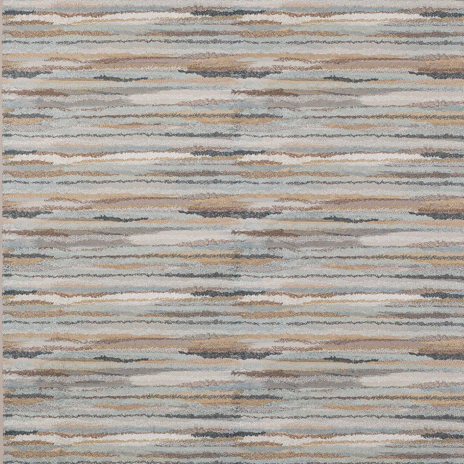 Abstract horizontal stripe fabric in silver, aqua, beige and charcoal