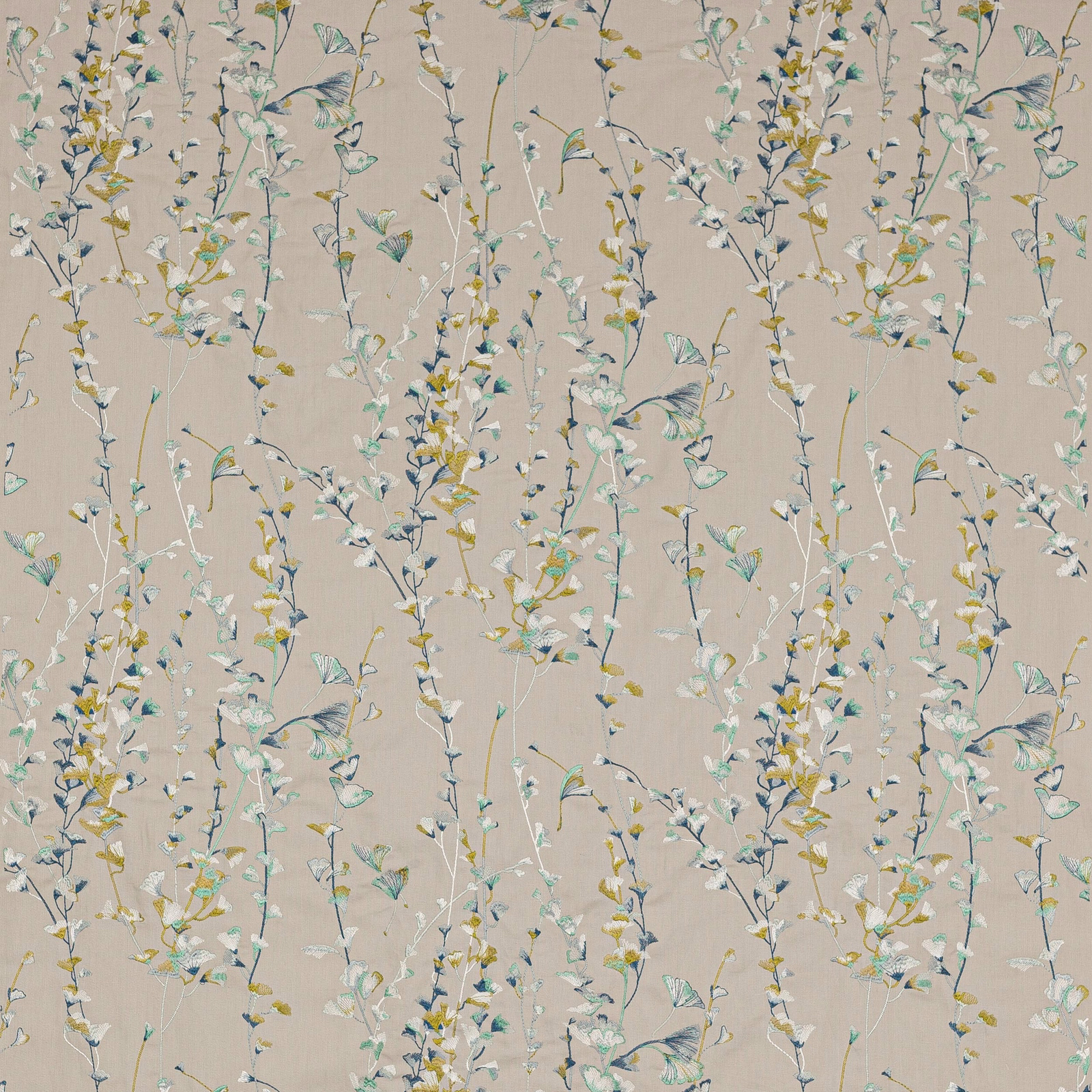 Botanical trail fabric on a soft beige ground with aqua, lime and cream leaves