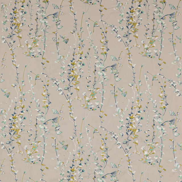 Botanical trail fabric on a soft beige ground with aqua, lime and cream leaves