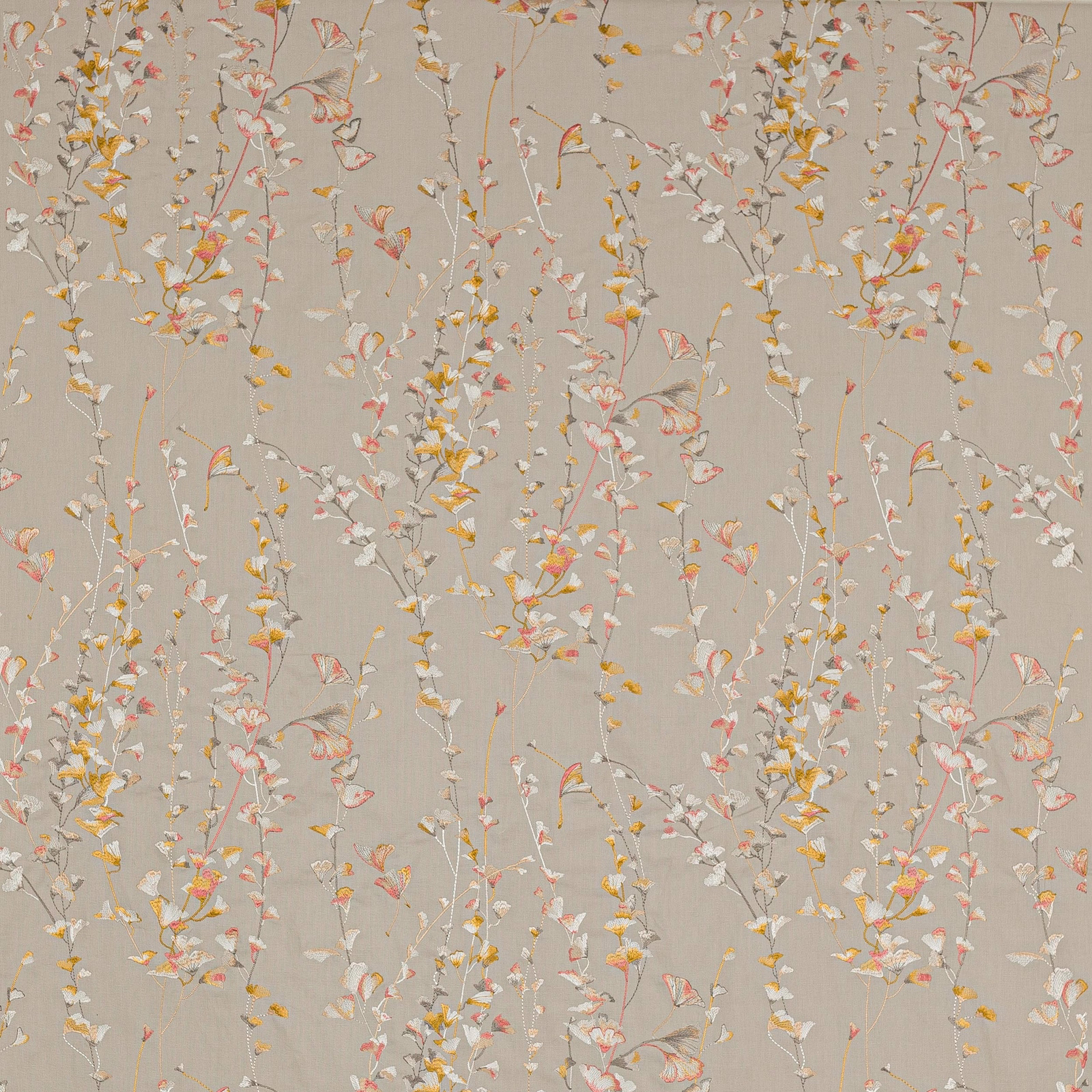 Beige floral fabric with trailing stems, coral and gold petals, and a soft textured weave