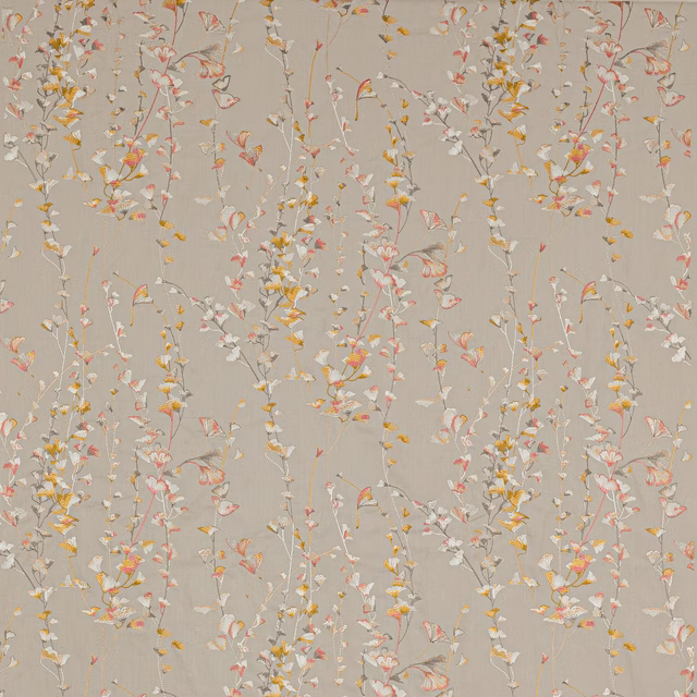 Beige floral fabric with trailing stems, coral and gold petals, and a soft textured weave