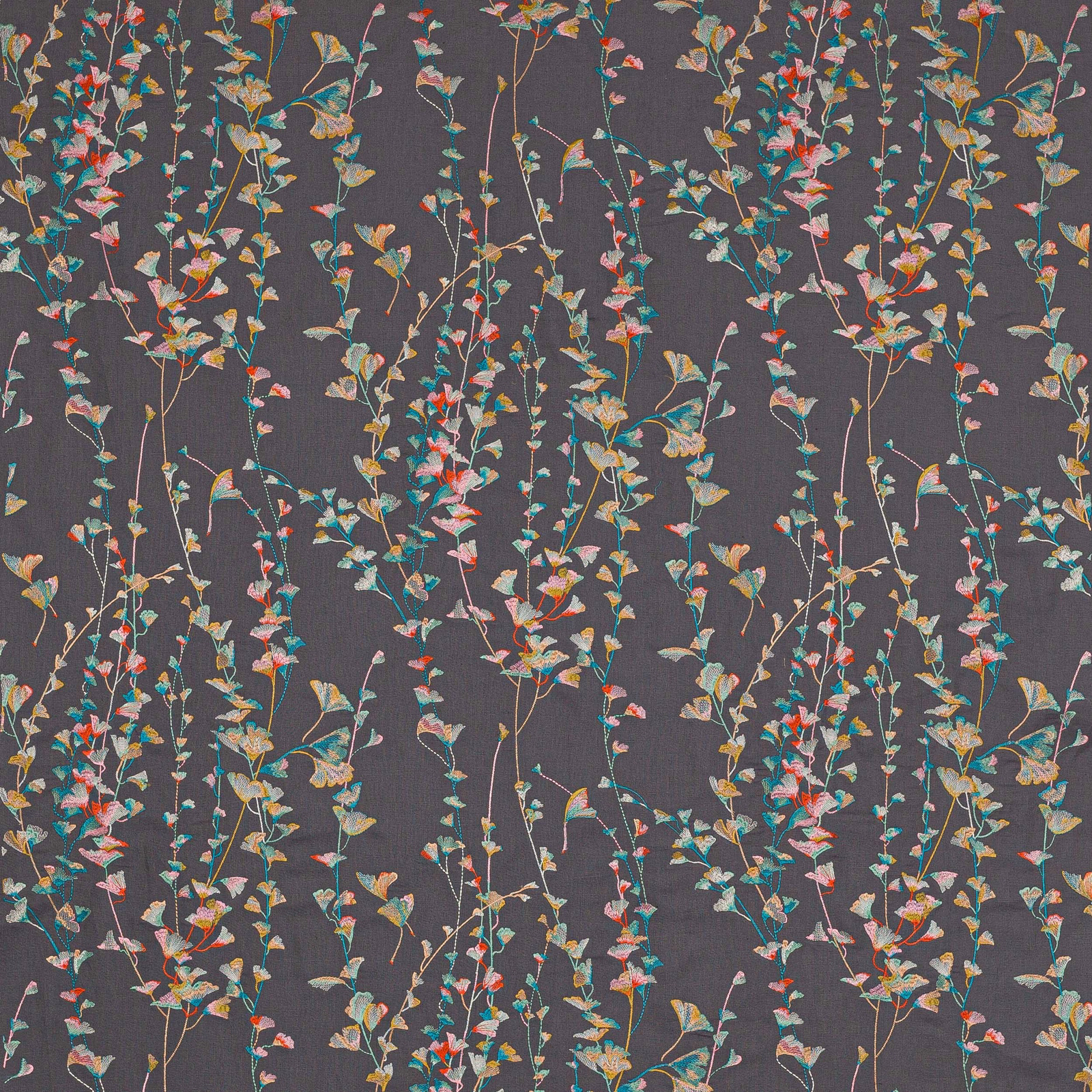 Dark charcoal floral fabric with slender multicoloured trailing stems and leaves