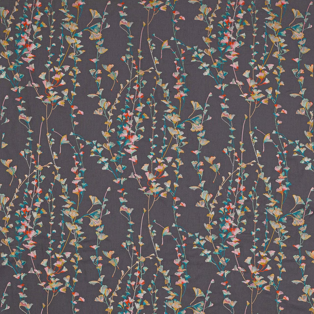 Dark charcoal floral fabric with slender multicoloured trailing stems and leaves