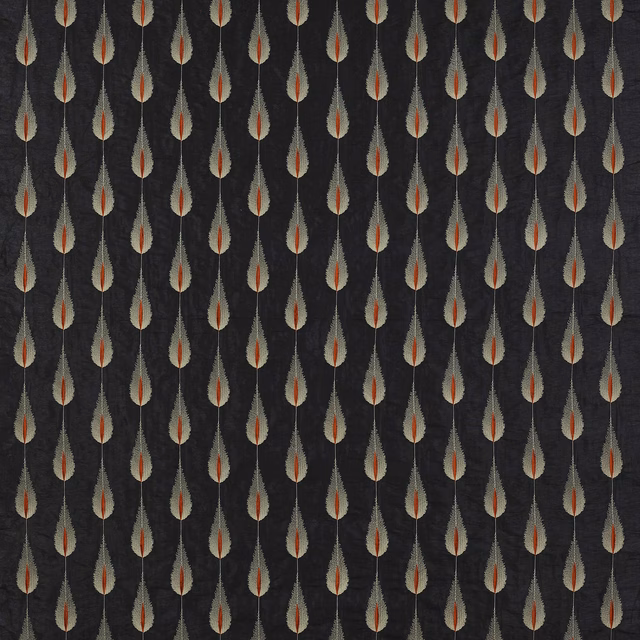 Charcoal fabric with small repeated leaf motifs in pale stone and rust